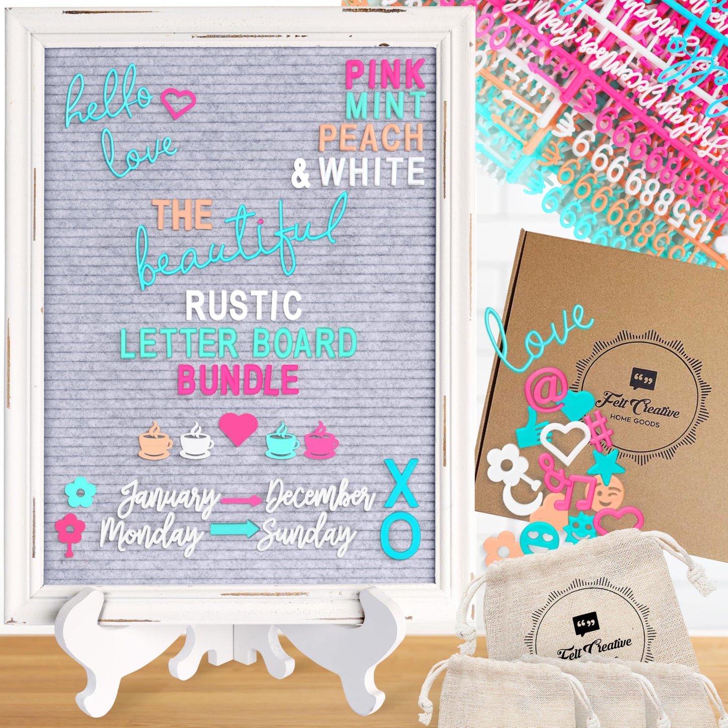 Rustic Felt Letter Board Ultimate Bundle Farmhouse Vintage White Wood Frame and Stand by Felt Creative Home Goods Changeable Message Memo Board 800+ Letter Set (Gray, 12x16)
