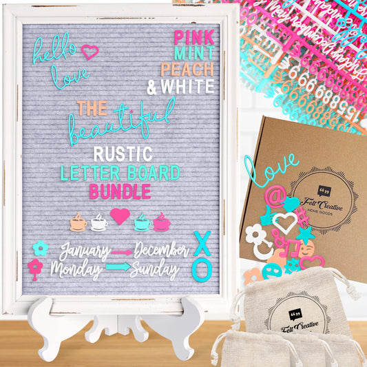 Rustic Felt Letter Board Ultimate Bundle Farmhouse Vintage White Wood Frame and Stand by Felt Creative Home Goods Changeable Message Memo Board 800+ Letter Set (Gray, 12x16)