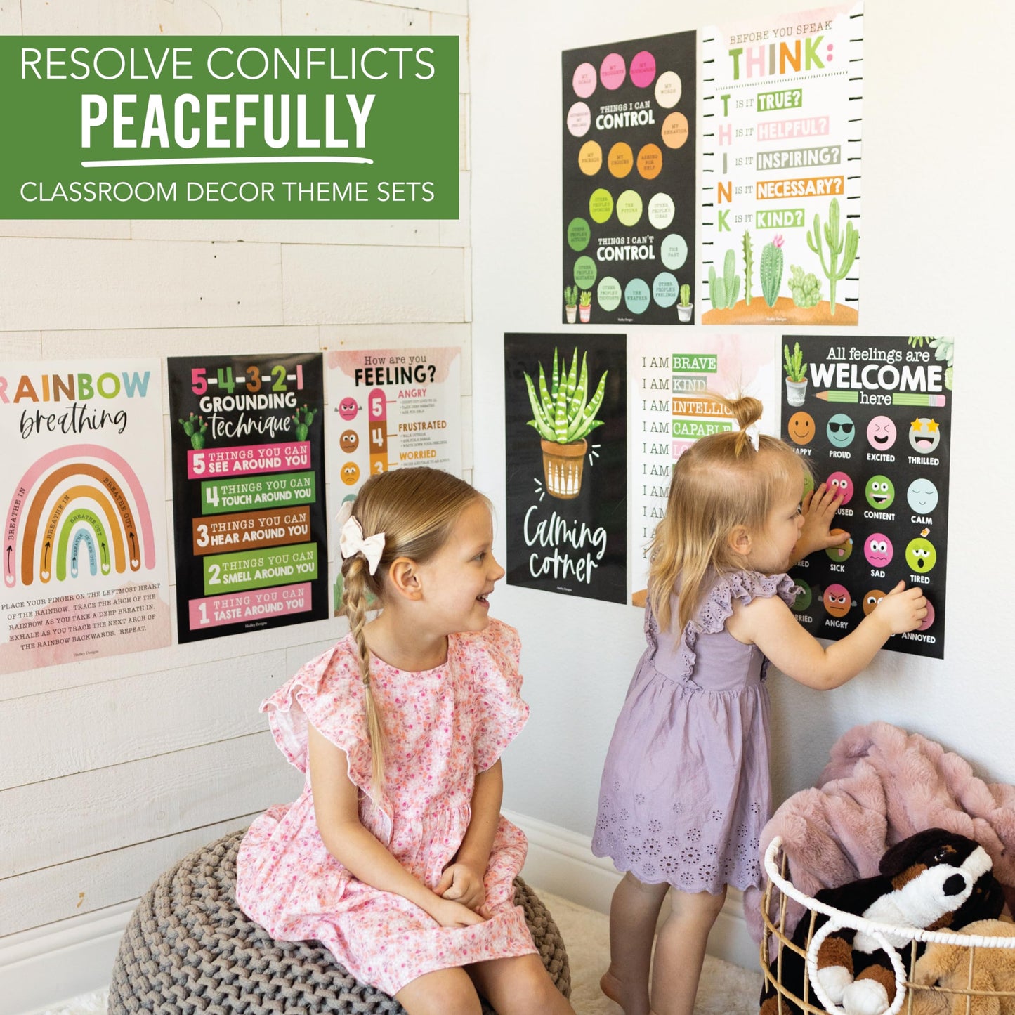 Hadley Designs 8 Calming Corner Posters for Classroom Must Haves -Calm Down Corner Supplies with Emotions Chart,School Counselor Mental Health Poster,Feelings Chart For Kids, Farmhouse Classroom Decor