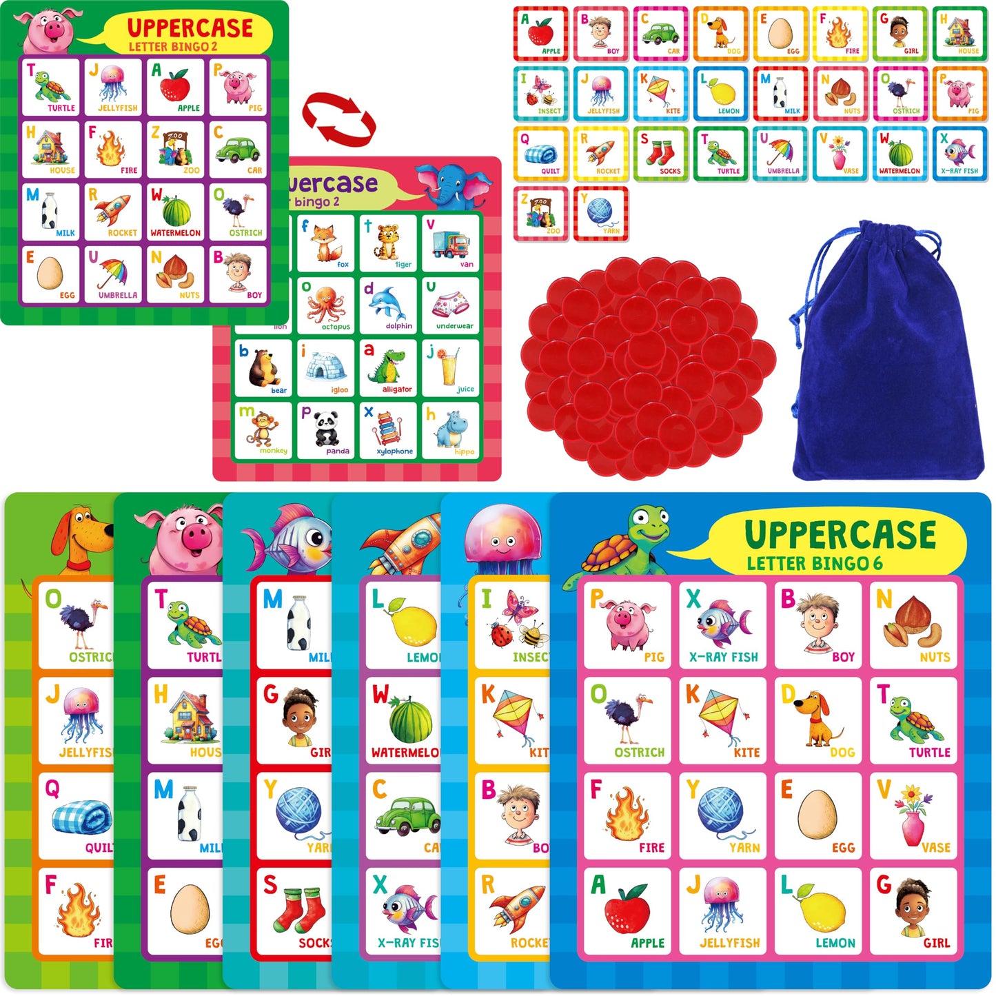 SpriteGru Alphabet Bingo Game, Uppercase/Lowercase/First Words Bingo Educational ABC Letter Learning Board Game for Kindergarten and Preschool Kids Aged 4+, Perfect for Classroom & At Home