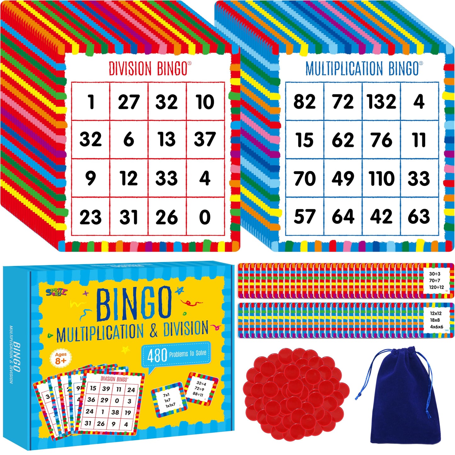 SpriteGru Multiplication & Division Bingo Game, 480 Math Problems, 2 Educational Math Board Game for Kindergarten and Preschool Kids 4-8, Perfect for Classroom & At Home (Up to 25 Players)