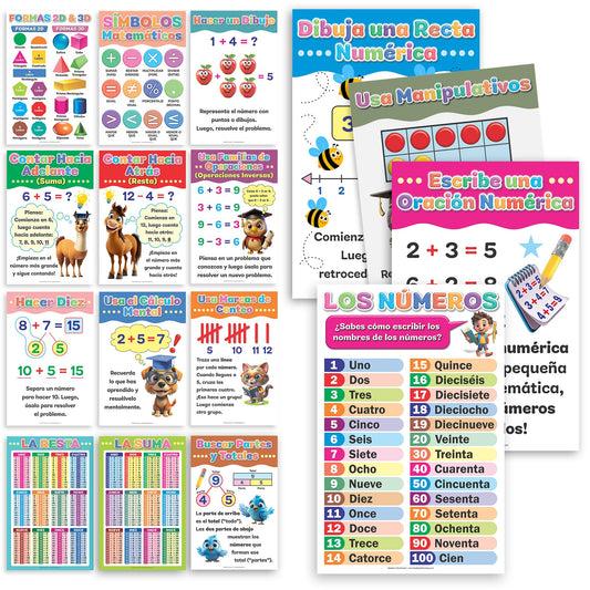 DeeDee's Workshop Math Educational Posters for Classroom, 16 Pack, 11 x 17 Inches, Multicolor Paper, Wall Mount, Portrait Orientation, School Age (Spanish)