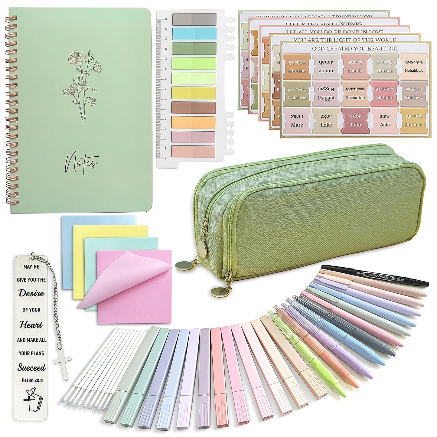 47Pcs Bible Study Supplies Journaling Kit with Large Pencil Case, Notebook, No-bleed Highlighters and Pens,Bible Bookmark Tabs Stickers, Book Study Annotation Kit for Women and Students,Green