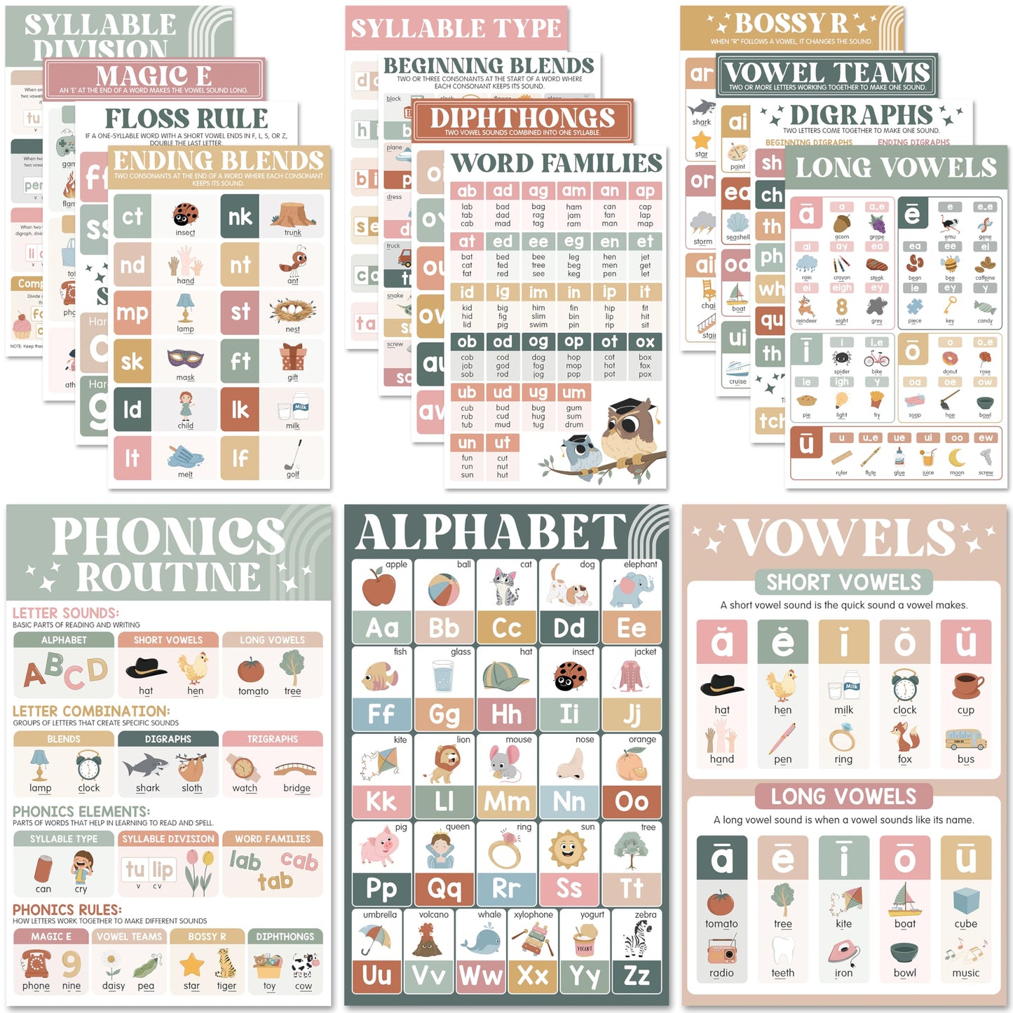 BEAWART 15 Pcs Boho Phonics Posters for Classroom (11"x17") ESL Classroom Decorations, Vowel Posters for School, Sound Wall Phonics Routine, Alphabet, Diphthongs, Word Families, Vowel Sounds