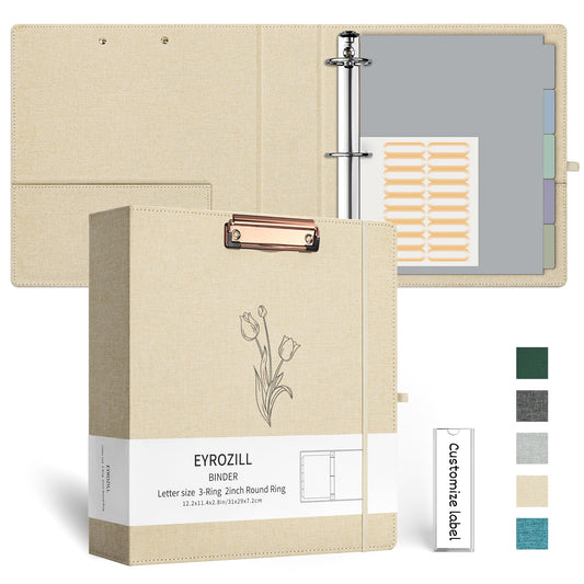 EYROZILL 3 Ring Binder 2 Inch, Binder for Letter Size (11" x 8.5") with 5 Tab Dividers, File Folder Labels and Low Profile Clipboards, Tulip White