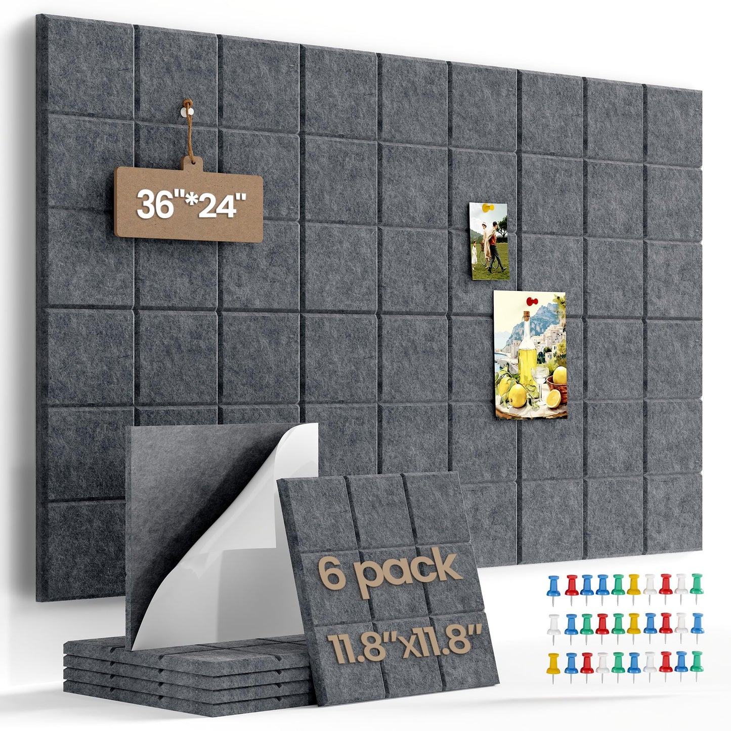 Uoisaiko Large Cork Board Felt Board Tiles for Walls with 30 Push Pins, 11.8"x11.8" Pack of 6 Pin Board Notice Boards for Home Office Kitchen, Bulletin Board Wall Tiles for Photos Memos