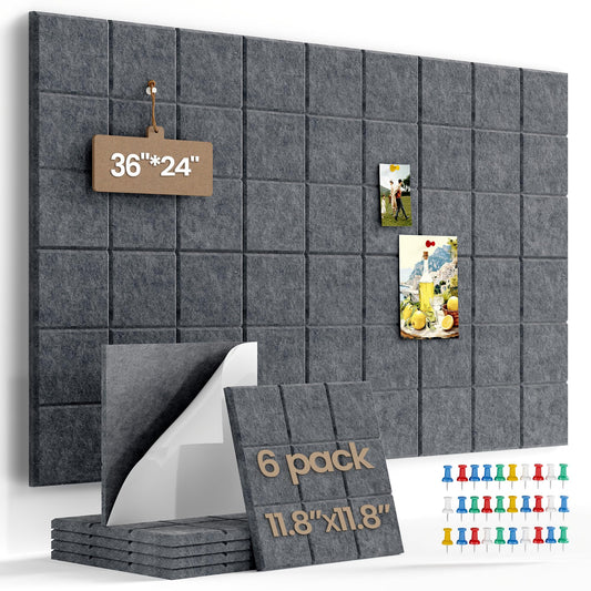 Uoisaiko Large Cork Board Felt Board Tiles for Walls with 30 Push Pins, 11.8"x11.8" Pack of 6 Pin Board Notice Boards for Home Office Kitchen, Bulletin Board Wall Tiles for Photos Memos