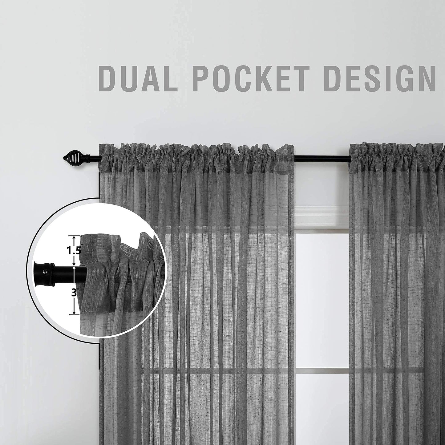 Charcoal Grey Linen Look Sheer Curtains 63 Inch Length for Kitchen 2 Pack Rod Pocket Breathable Airy Gray Curtains for Bathroom Window Laundry Canopy Sitting Room Reading 52x63 Inches Long Dark Grey