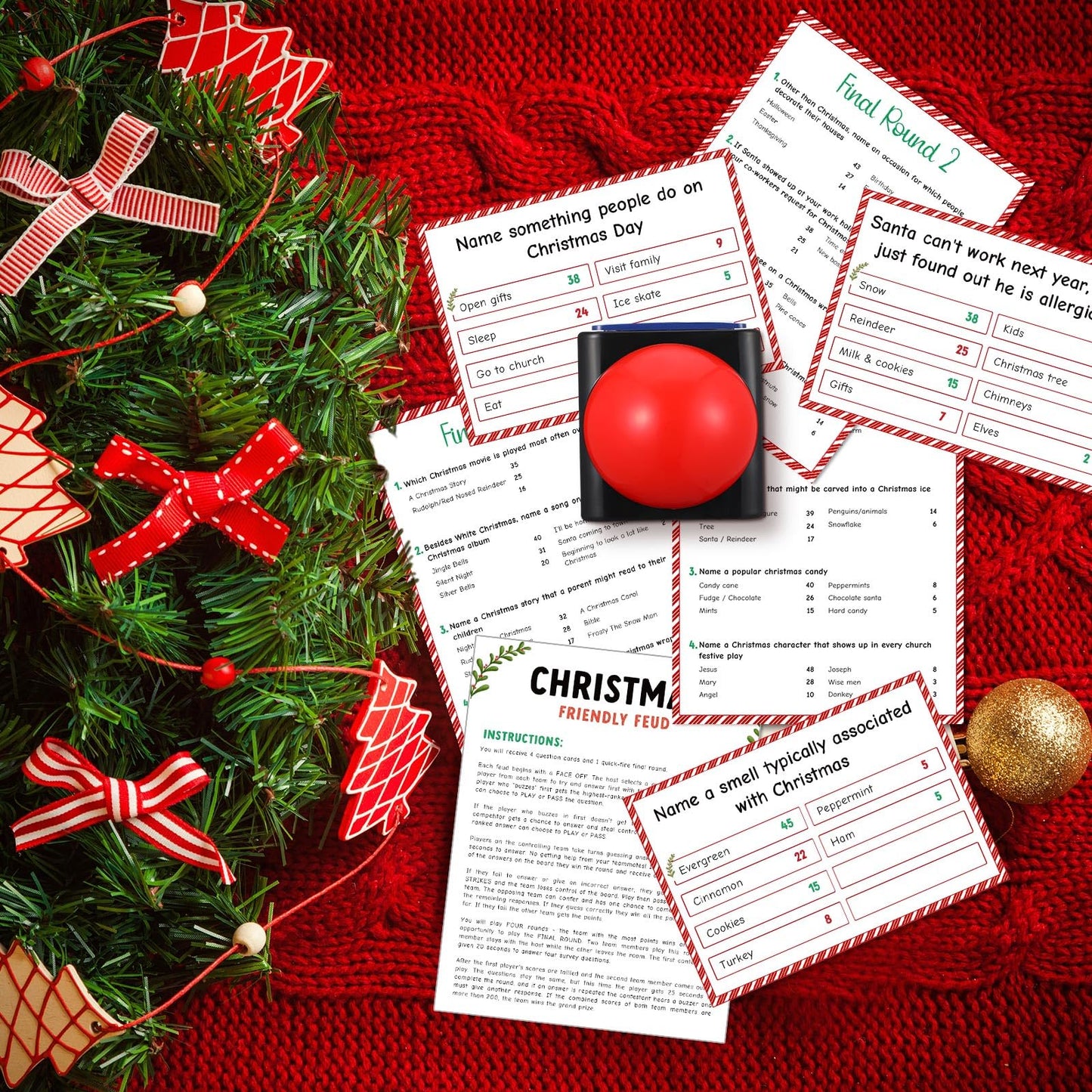 Syhood Christmas Friendly Feud Card Game with 2 Answer Buzzers, Fun Xmas Family Trivia Quiz Party Game Night Activities for Adults, Office, Large Group and Team Building
