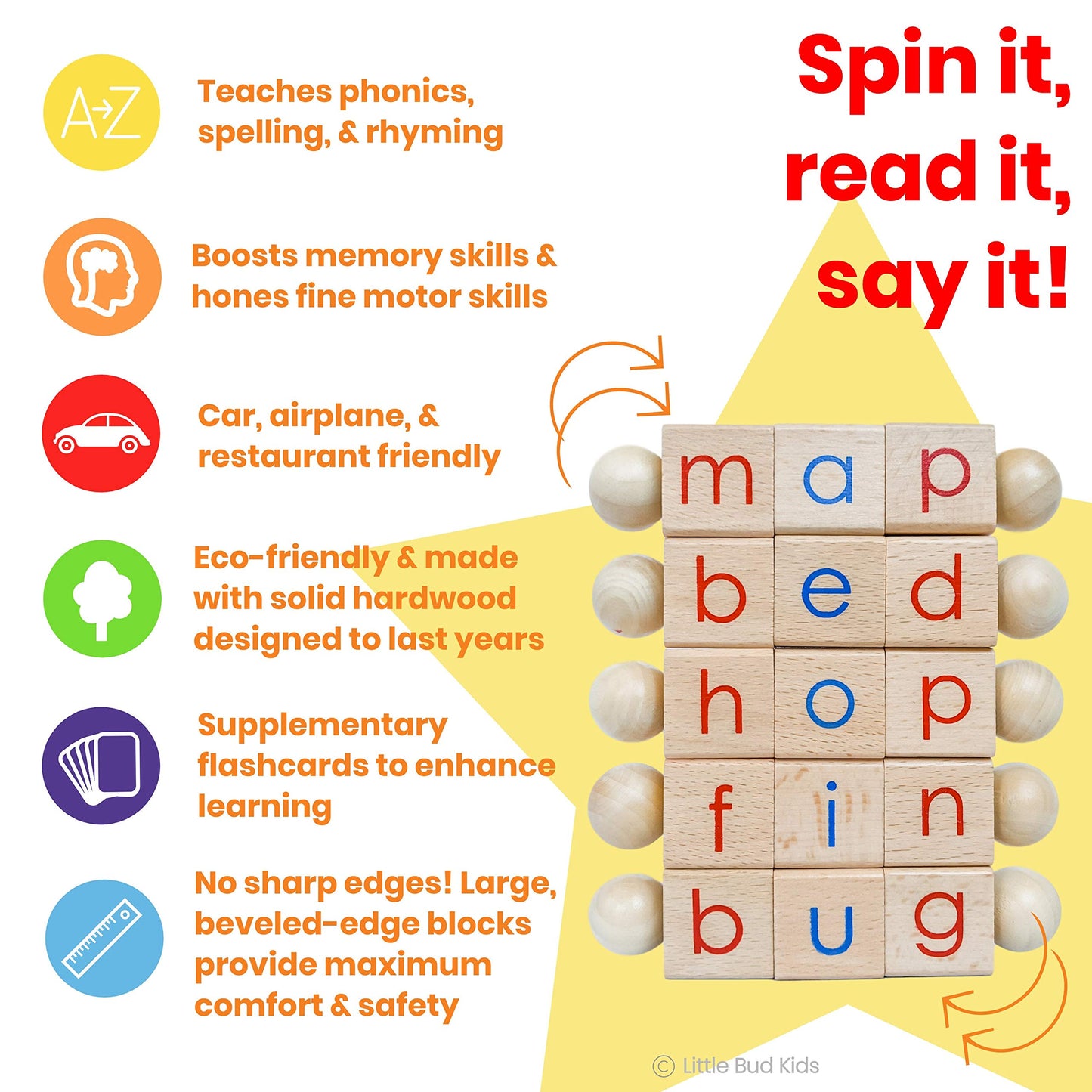 LITTLE BUD KIDS Spin-and-Read Montessori Phonetic Reading Blocks with CVC Phonics Flashcards for Beginner Readers, Montessori Reading Wooden Toys for 3 Years +