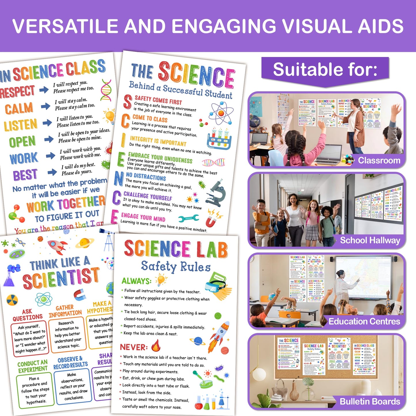 Lalunia 4 Pcs Science Posters for Classroom Decor (11"x 16") - Lab Safety Rules, STEM Wall Art for Middle School, Teacher Supplies, Bulletin Board Decorations, Science Classroom Must Haves