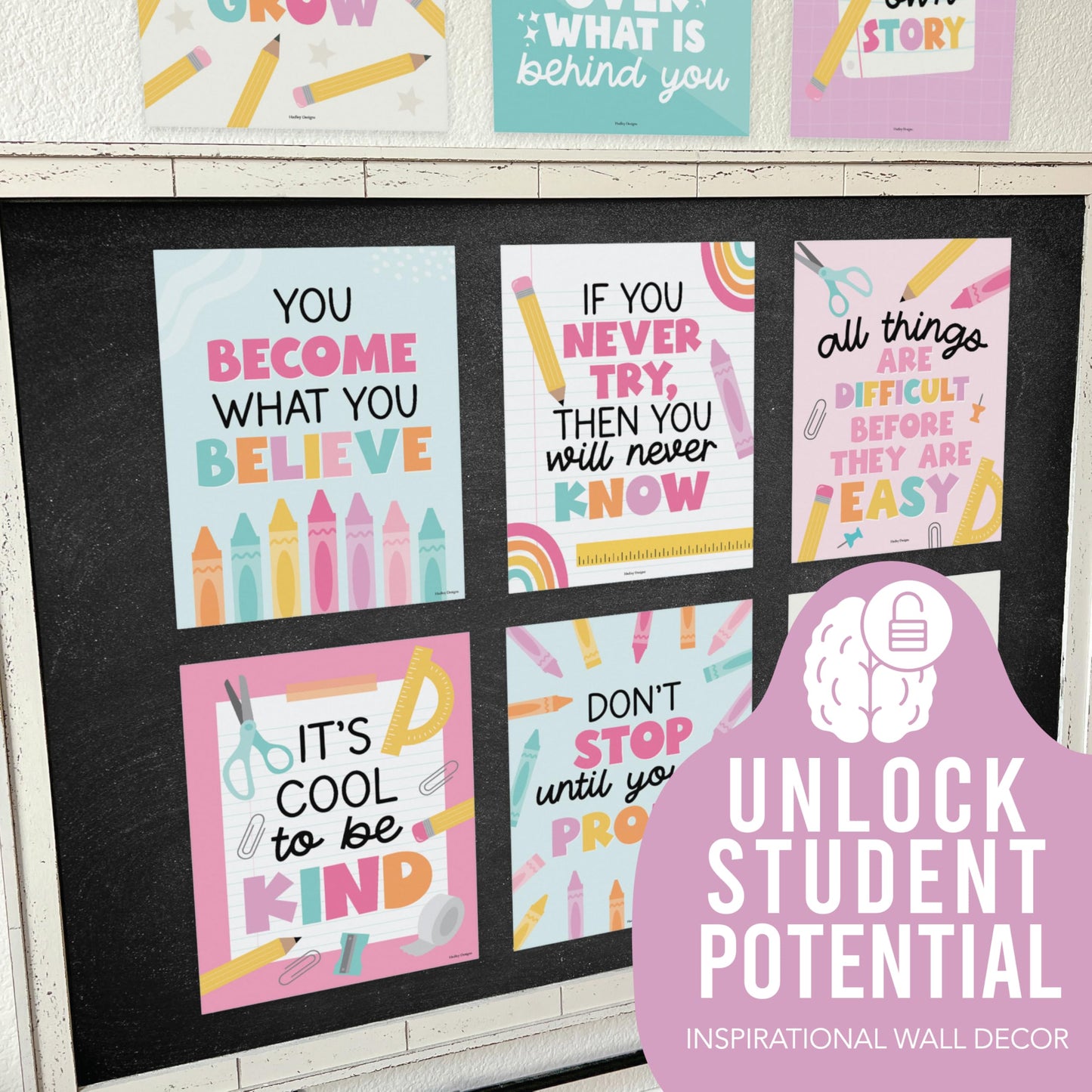 Hadley Designs Motivational Poster for Classroom Decor - 9 Growth Mindset Classroom Posters Elementary, Inspirational Wall Decor Middle School, Teacher Must Haves, Pastel Bulletin Board Decorations