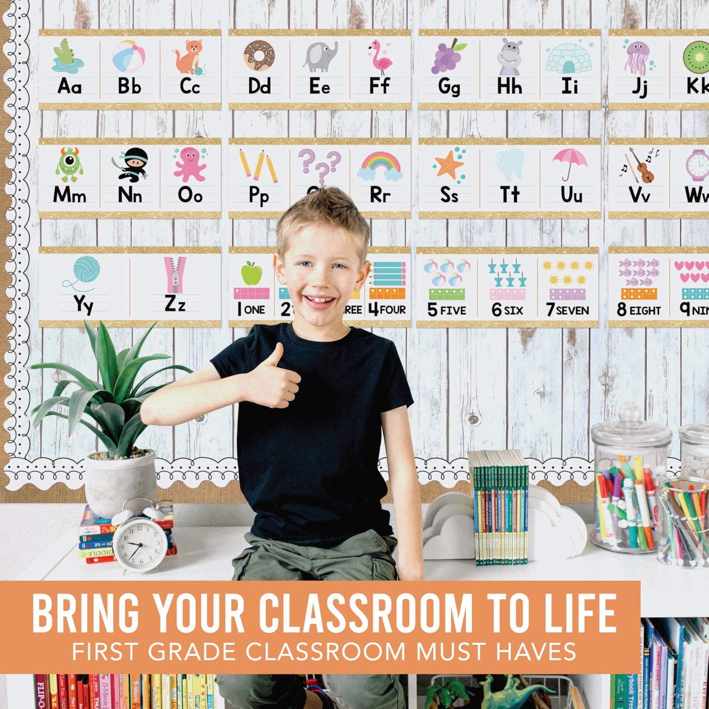 Hadley Designs Alphabet for Classroom Wall Decor - ABC Posters for Classroom Wall Chart Preschool & Kindergarten, ABC Letters & Number Line Elementary, Alphabet Cards, Varsity Letter Classroom Decor