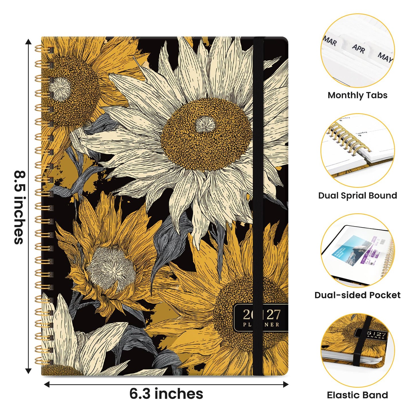 Academic Planner 2026-2027, Monthly and Weekly Calendar Planner, July 2026 - June 2027, Pretty Hardcover Teacher Student Planning Agenda Book with Tabs, Fit for School Office Supplies, 6.3" x 8.5", Nocturne Sunflowers