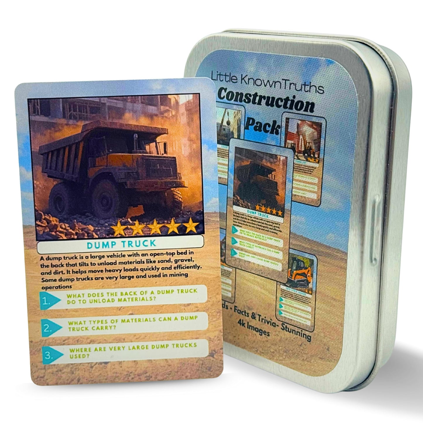 Little Known Truths Construction Vehicle Trivia Flash Cards for Kids Ages 3+ | Educational Learning Cards with Trucks & Machines, STEM Fact Cards in Metal Tin, Screen-Free Travel Toy