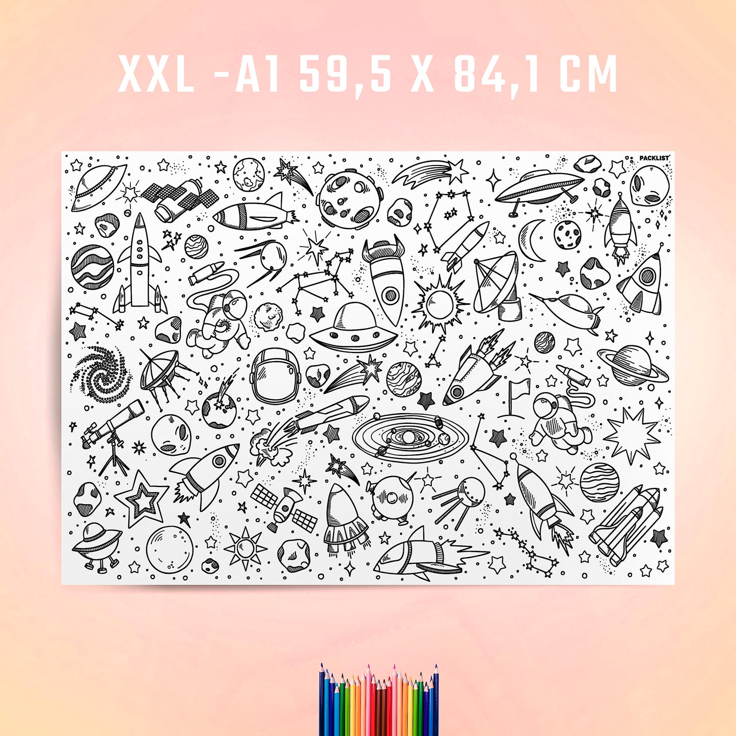 PACKLIST® Giant Space Coloring Poster for Kids – XXL Jumbo Outer Space Theme Wall Art with Planets & Rockets | Huge Educational Craft & Group Activity
