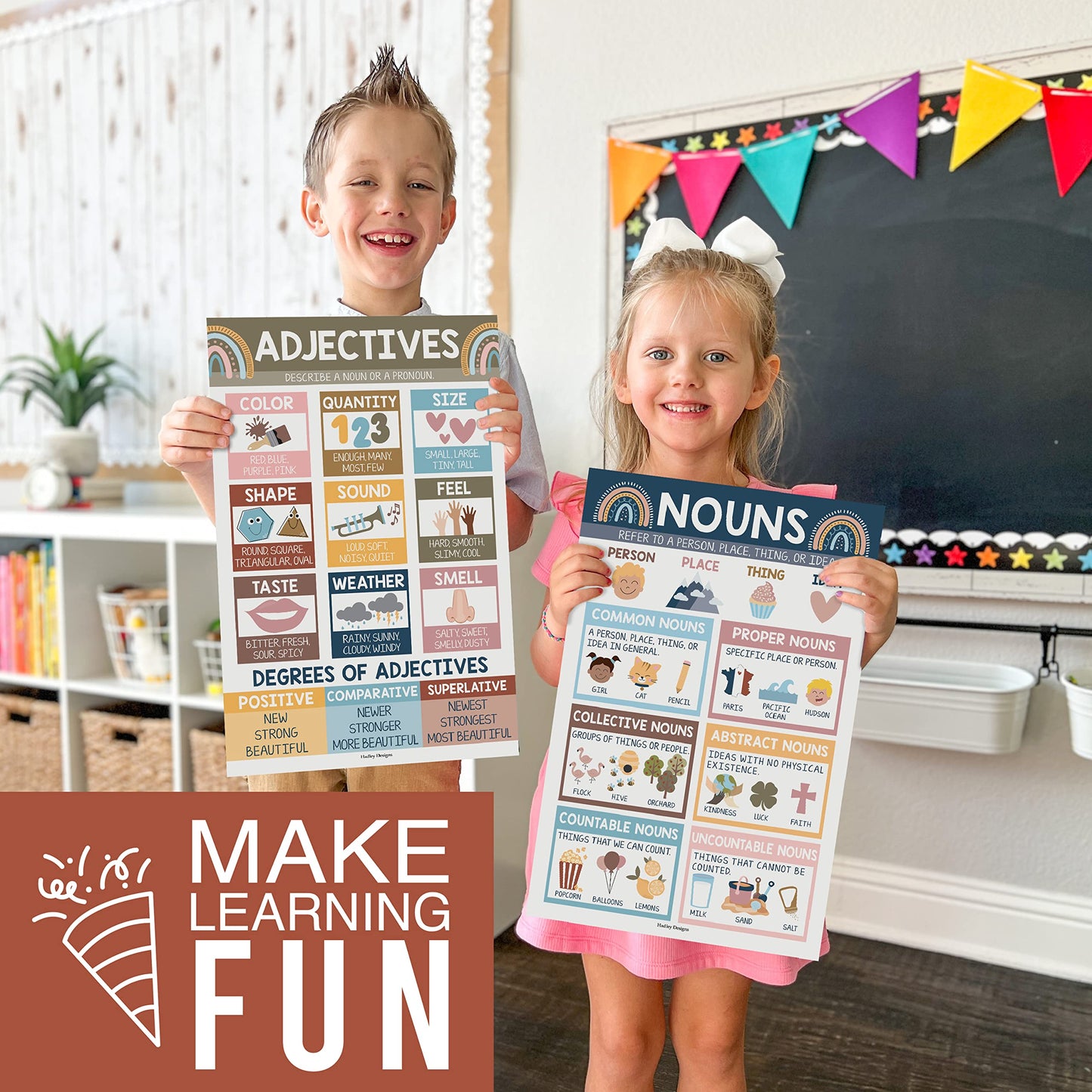 Parts of Speech Posters for Classroom Must Haves - 12 Grammar Posters, Writing Process for Homeschool, Elementary & Middle School, ELA 3rd 4th & 5th Grade Teacher Must Haves, Boho Classroom Decor
