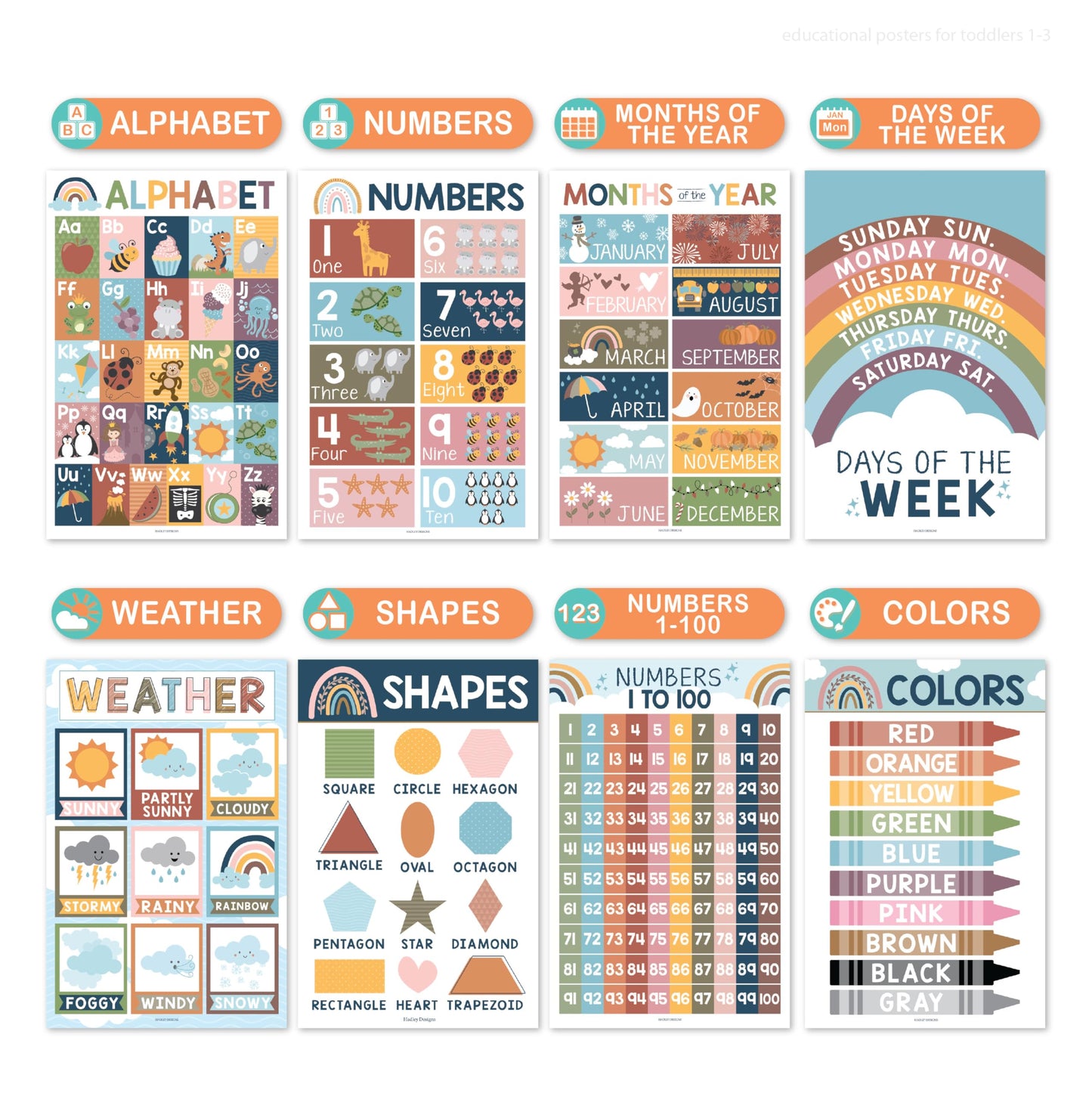 Hadley Designs 16 Educational Posters for Classroom Decor - Boho Educational Posters for Toddlers 1-3, Toddler Learning Posters for Kids Ages 3-5, Kindergarten & Preschool Classroom Must Haves