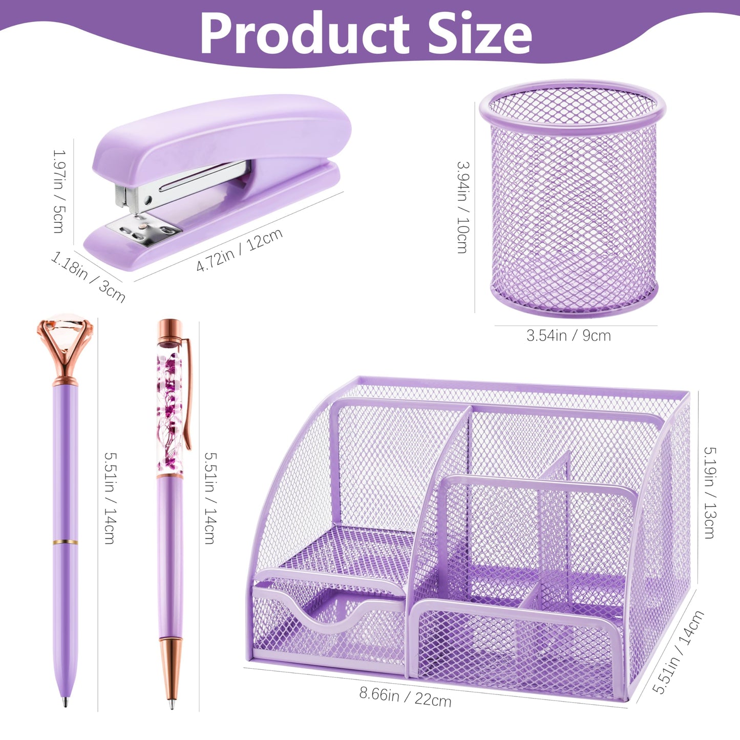 15 Pcs Purple Office Supplies Set Mesh Desk Organizer Accessories Kit Include Stapler Tape Dispenser Staple Remover Clips Ruler Scissors Sticky Notes for Office School Home Women (Purple)