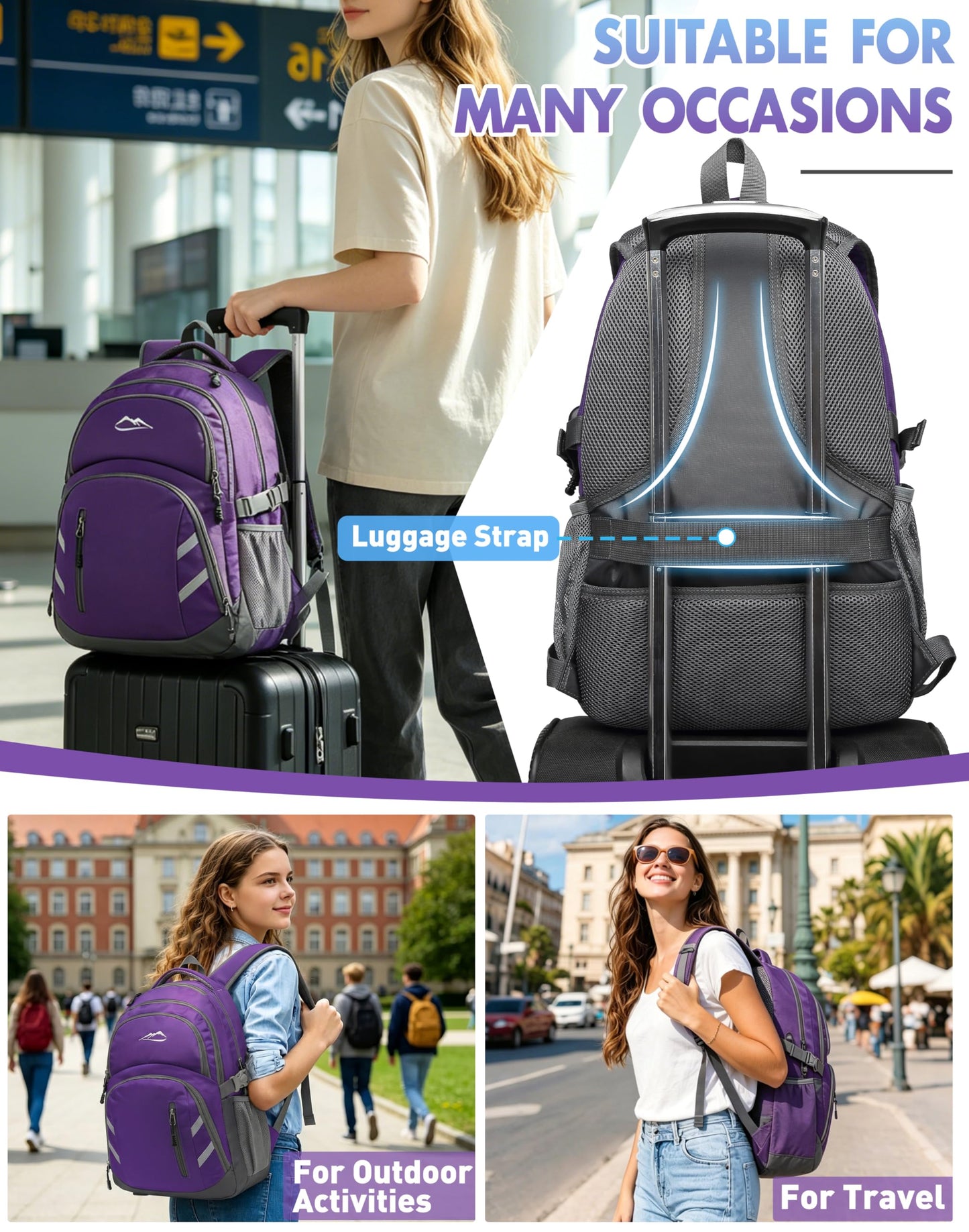 ProEtrade Backpack Bookbag for College Laptop Travel, Fit Laptop Up to 15.6 inch with USB Charging Port Multi Compartment Anti theft, Gift for Women Men (Purple)