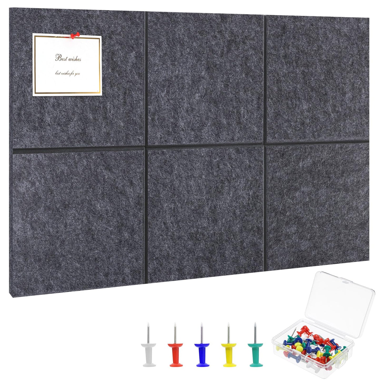 Large Cork Board 28" x 19", 6 Pack Felt Bulletin Board with Pushpins, Cork Boards Alternative with Self-Adhesive Strips, Felt Wall Tiles Pin Boards for Walls Office Home School Decor-Dark Gray