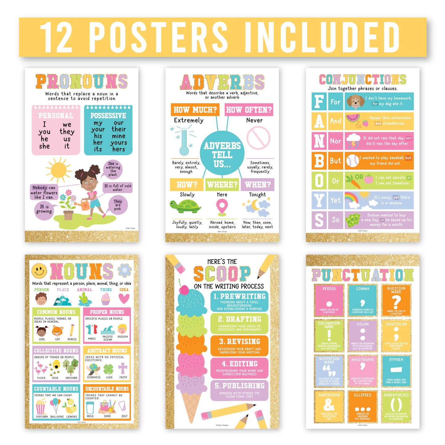 Parts of Speech Posters for Classroom Must Haves -12 Grammar Posters, Writing Process for Homeschool, Elementary & Middle School, ELA 3rd 4th & 5th Grade Teacher Must Haves, Gold Classroom Decor