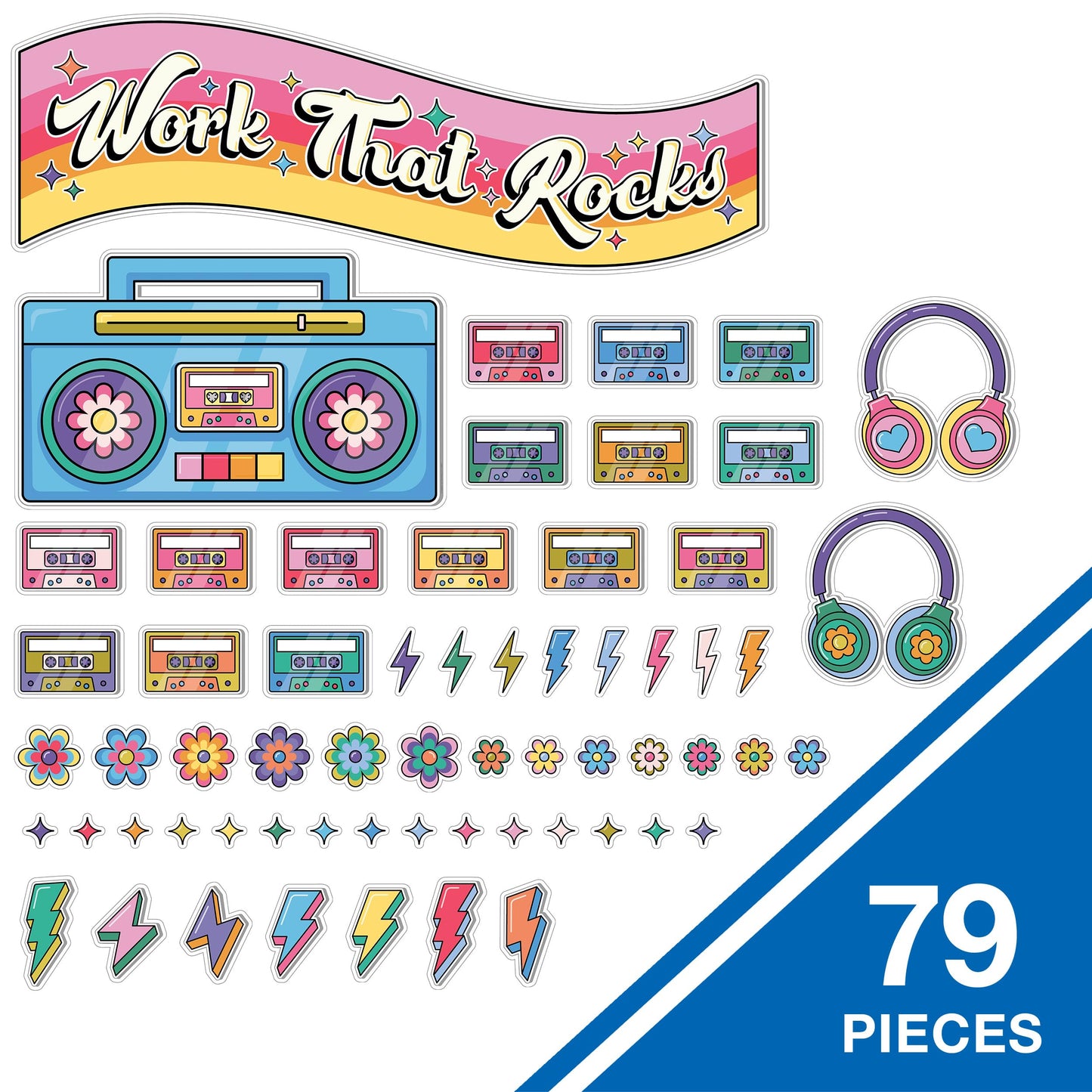 Happily Ever Elementary Retro Remix 79-Piece Work That Rocks Motivational Bulletin Board Set, Boombox, Cassette Tapes, Headphone, Flowers and More Groovy Bulletin Board Decorations for Classroom Decor