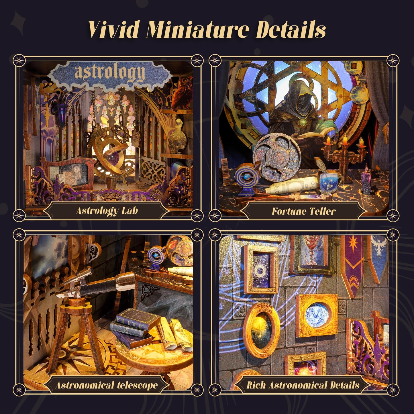 FUNPOLA 3D Wood Puzzle Book Nook Kit, Astrology Star Map Bookshelf Insert with LED Lights, DIY Celestial Miniature Bookend Décor for Display, Unique Craft Gift for Adults and Teens (Astrology)