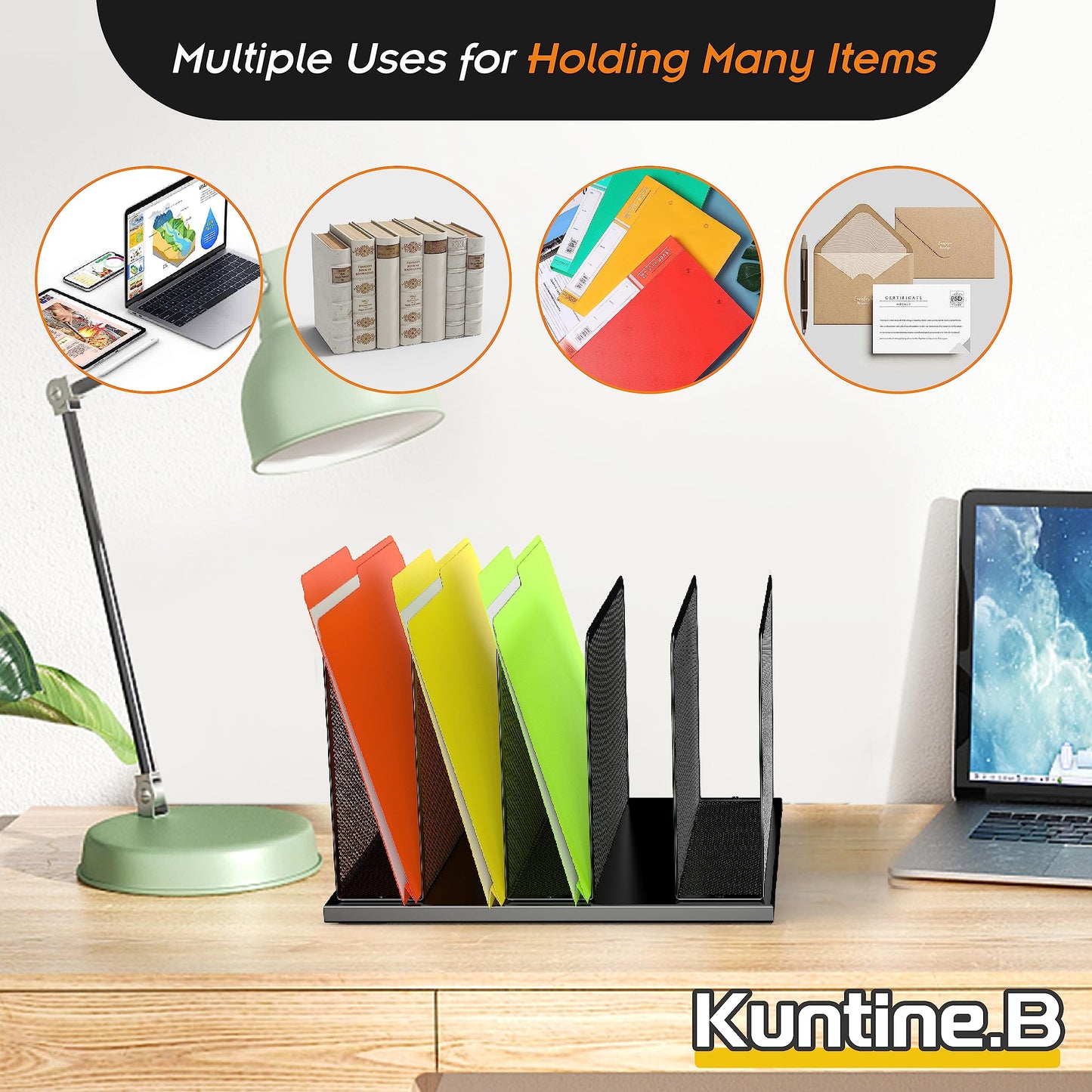 Kuntine.B Desk File Organizer Upright Mesh Desktop Organizer File Sorter Office Organization File Holder for Home, Office & Classroom (Black, 1 Pack 5-Section)