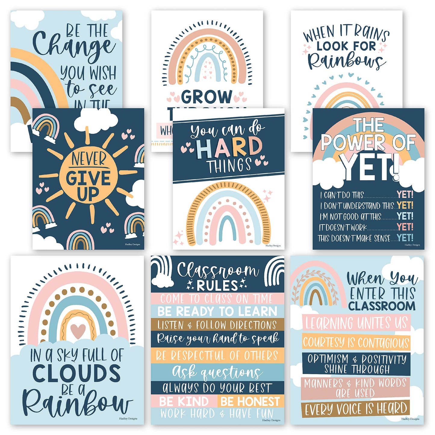 Hadley Designs Motivational Poster for Classroom Decor - 9 Growth Mindset Classroom Posters Elementary, Inspirational Wall Decor Middle School, Teacher Must Haves, Boho Bulletin Board Decorations