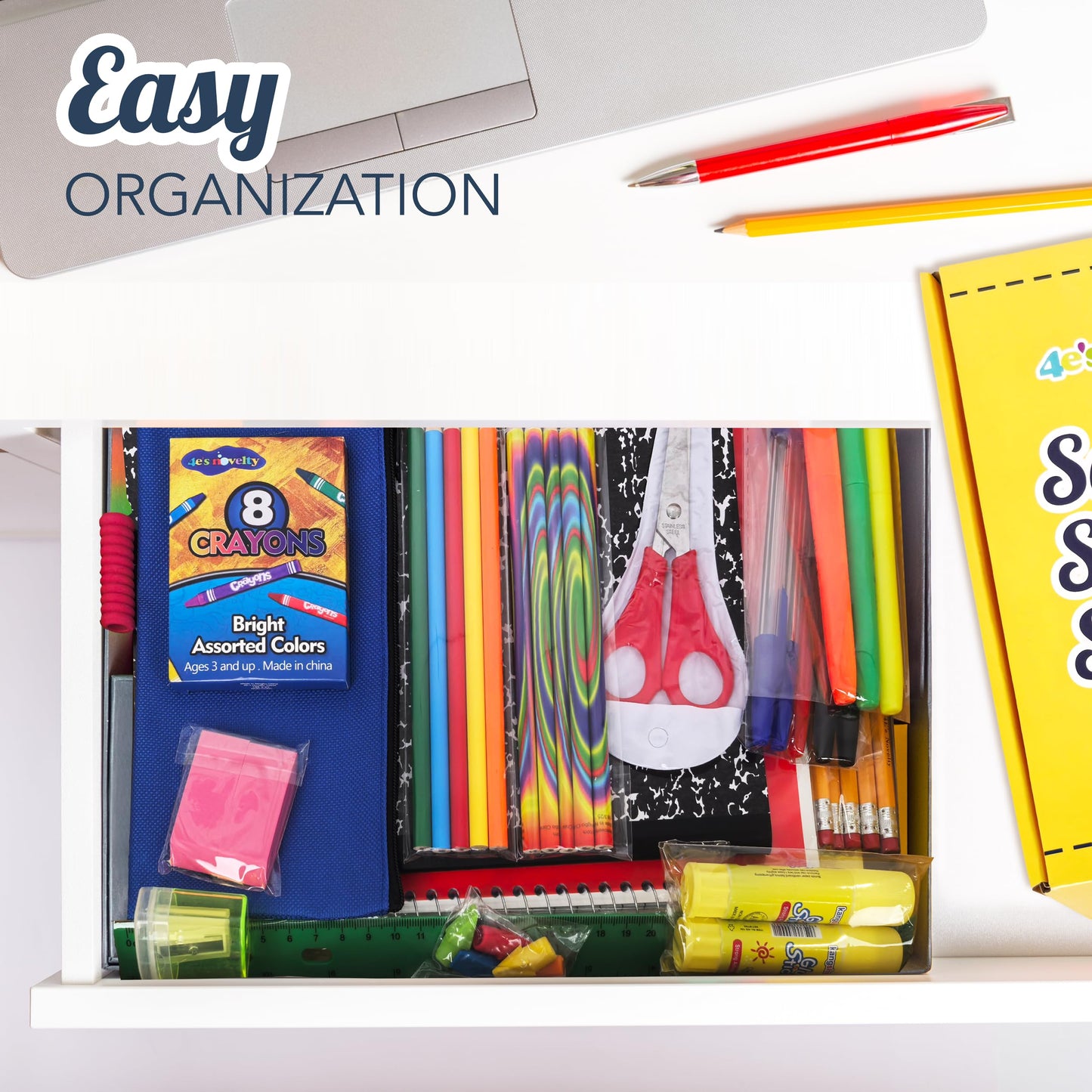 4E's Novelty 52 Pieces Schools Supplies Kit for K1-8 Back to School Supply Box with Essential Student Kits, School Supply Bundle Middle Elementary Schools Supplies Kit Grades 1 2 3 4 5 6 7 8