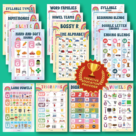 EXCOOL CLUB 16 Pcs Sound Wall Classroom Phonics Posters - Syllable Types Posters For Classroom Decor, Long And Short Vowel Chart Digraphs And Blends Poster For Kids Toddler Learning (11x17 Inch)