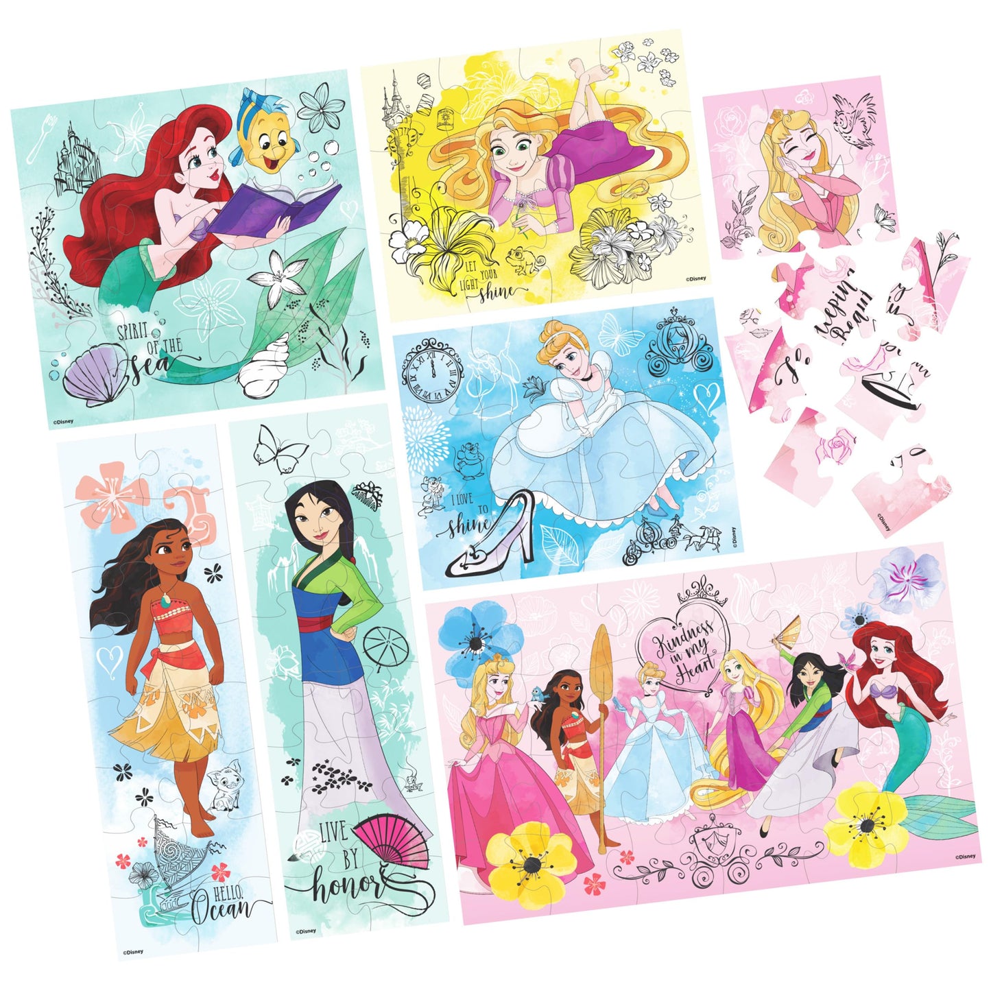 Spin Master Games, Disney Princess Puzzles, 7-Pack, Jigsaw Kids Puzzles, 12, 16, & 24 Pieces, Featuring Ariel, Tiana, Rapunzel, Pocahontas, Storage Tray, for Ages 4 & Up
