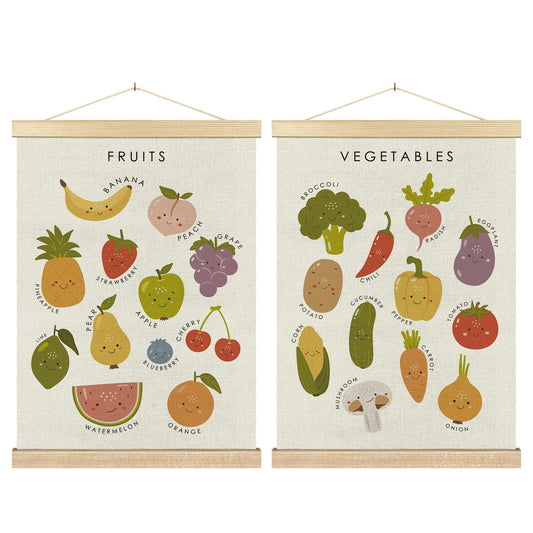 BCUANGD Fruits Vegetables Wall Decor - Toddlers Kids Preschool Poster Hanger with Wood Frames Set of 2, Educational Learning Wall Hanging Canvas Decor for Kids Room Nursery Home, 12x16 Inches