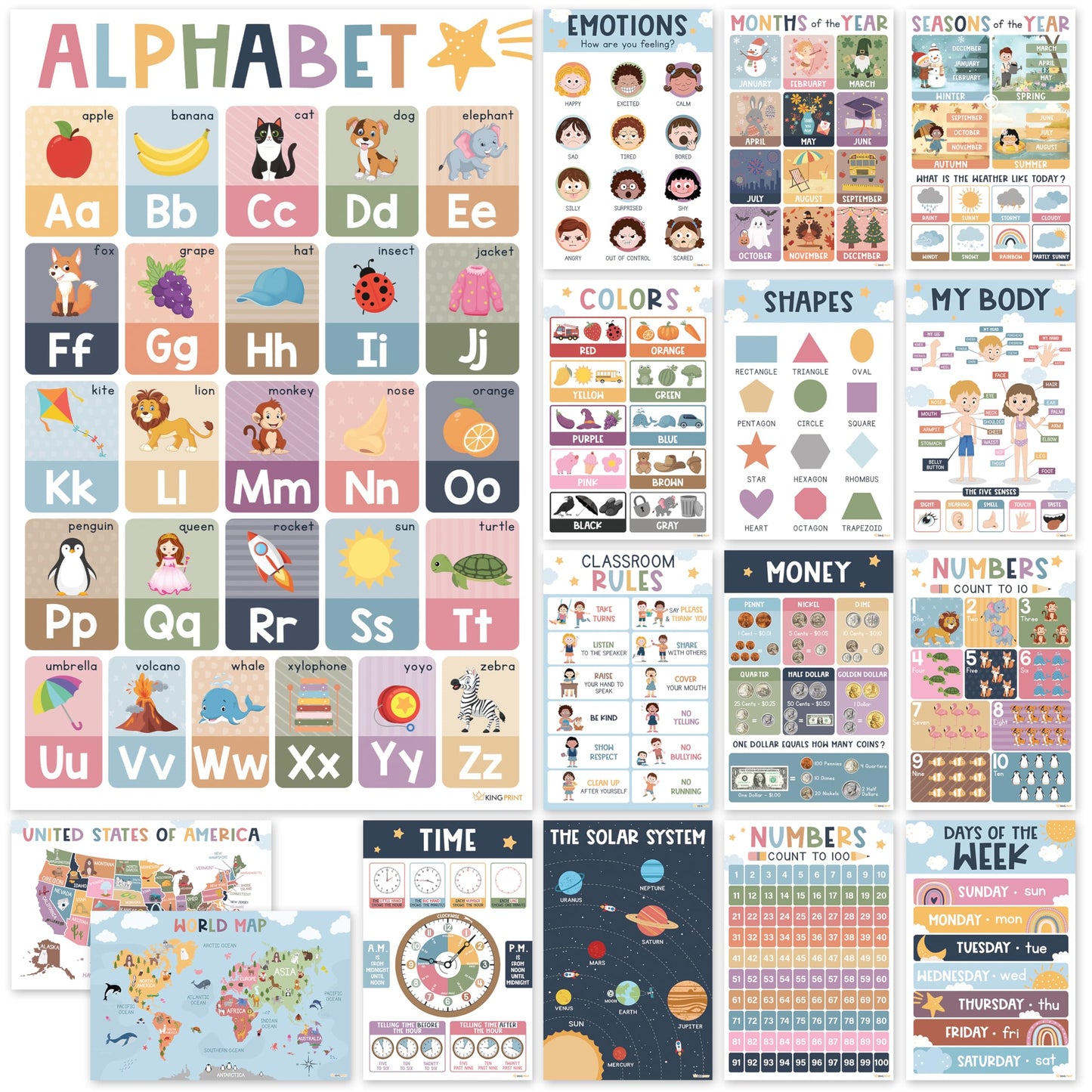 KINGPRINT 16 Laminated Educational Posters For Toddlers (11"x17"), Boho Posters For Classroom, Homeschool Must Haves For Kids, Prek Learning, Preschool Classroom Supplies, Kindergarten Decor