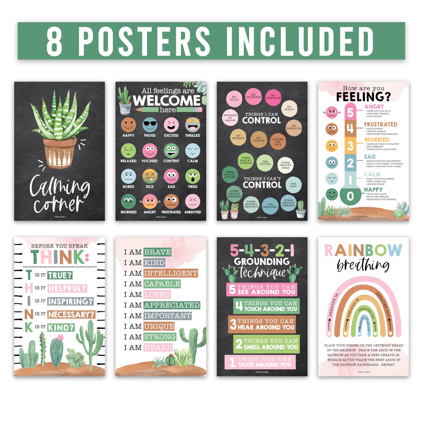 Hadley Designs 8 Calming Corner Posters for Classroom Must Haves -Calm Down Corner Supplies with Emotions Chart,School Counselor Mental Health Poster,Feelings Chart For Kids, Farmhouse Classroom Decor