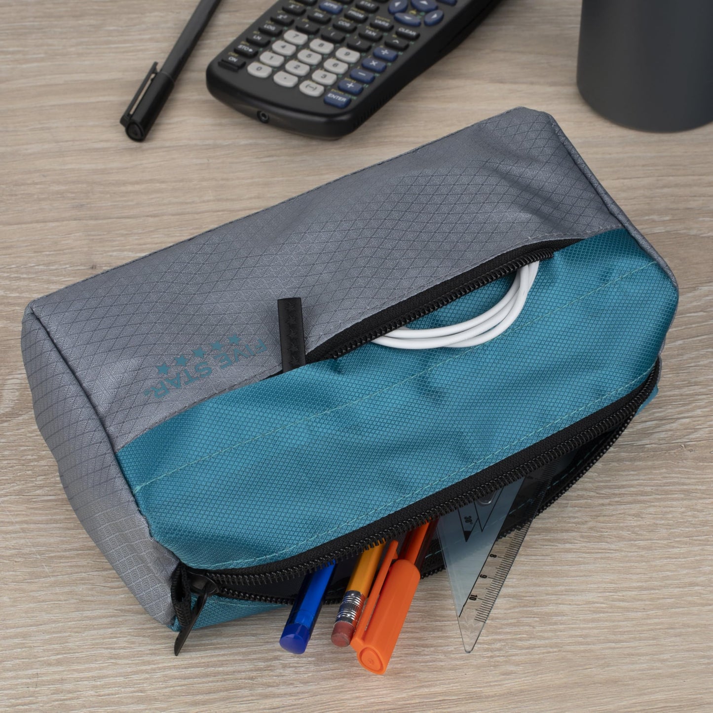 Five Star Pencil Pouch 9-Pocket Zipper Storage Organizer Case for Office Supplies Earbuds Chargers Cables Makeup, Grey/Teal (505600D)