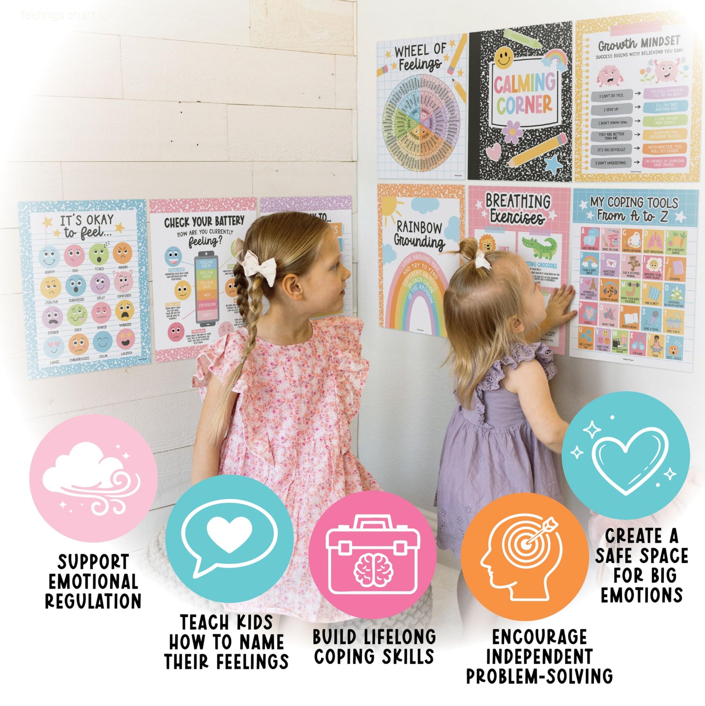 Hadley Designs 9 Calming Corner Posters for Classroom Must Haves - Calm Down Corner Supplies with Emotions Chart, School Counselor Mental Health Poster, Feelings Chart For Kids, Pastel Classroom Decor