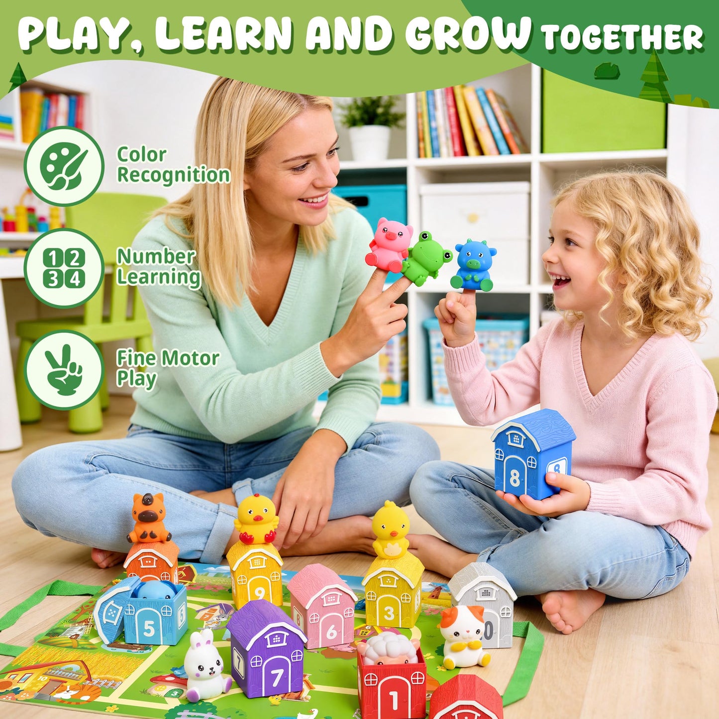 GooMags Montessori Toys for Toddlers, 21Pcs Farm Toys with Storage Bags/Playmat Counting, Matching, Sorting Preschool Learning Toy Including 10 Animal Finger Puppets Birthday Gift