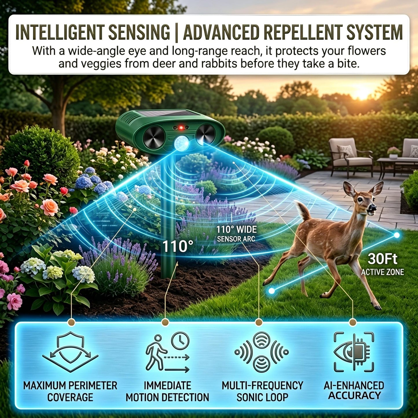 4Pack Upgraded Sonic Fortress Pro Deer Repellent Devices Solar Animal Repellent Ultrasonic Outdoor with Motion Activated for Squirrel Raccoon Rabbit Fox Cat Deterrent for Garden Yard Lawn Protection