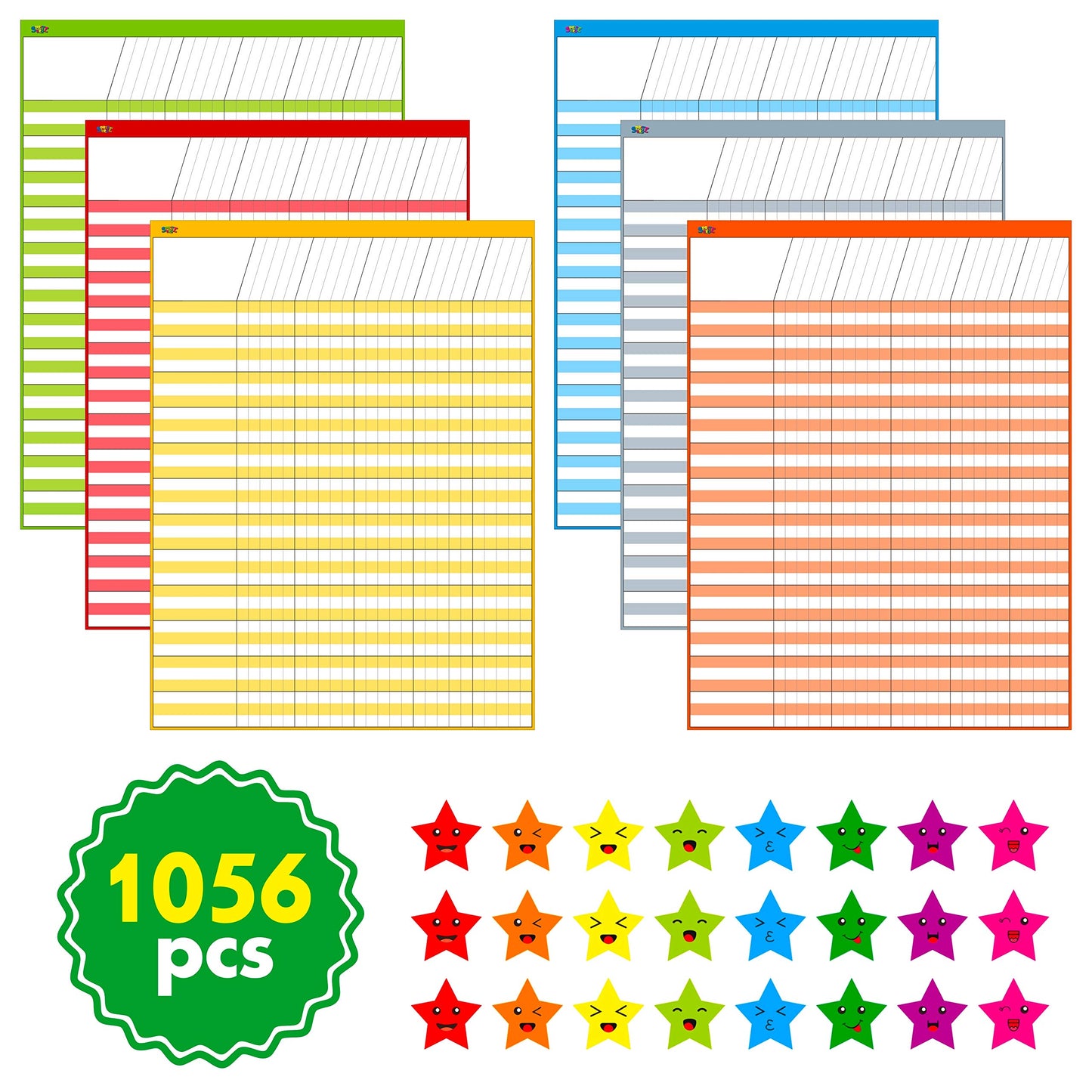 6 Pack Multi-Color Dry Erase Incentive Chart/Chore/Responsibility/School Attendance/Homework Progress Tracking Chart, 6 Pack in Multi-Color, 36 Rows X 25 Columns (17" x 22.5") with 1056 Stars