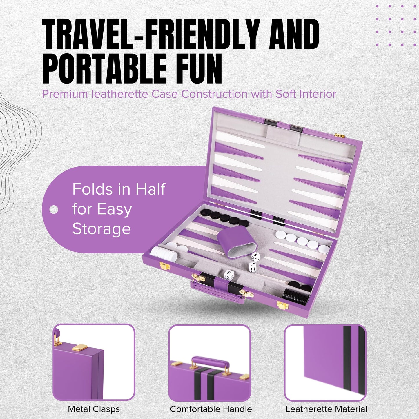 Premium Backgammon 18 Inches Large Purple - Backgammon Sets for Adults and Kids - Leatherette Back Gammon Board Game Set - Travel Backgammon Set Board Encased with Accessories