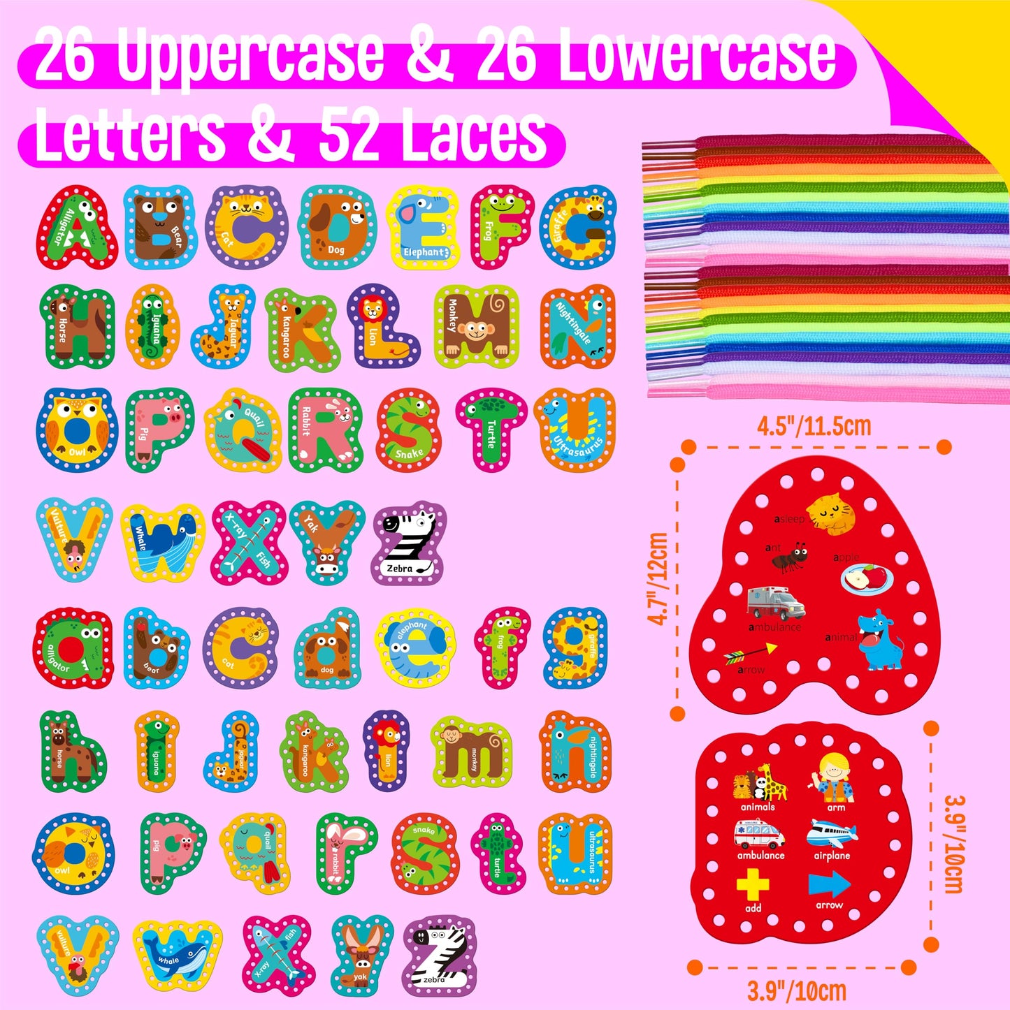 52 PCS Lacing Cards, 26 Double-Sided Uppercase & Lowercase Sewing Cards with 52 Colorful Laces, Imagination Development Lacing Toy Games Educational and Learning Activity for Preschoolers, Children
