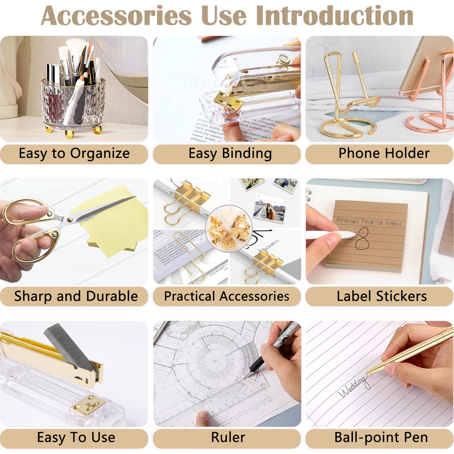 Gold Desk Accessories, Office Desk Organizers and Accessories 360°Pen Holder Acrylic Stapler Set, Phone Holder, Ballpoint Pen, Scissor, Binder Clips, Ruler, Transparent Glue, Sticky Note and Staples.