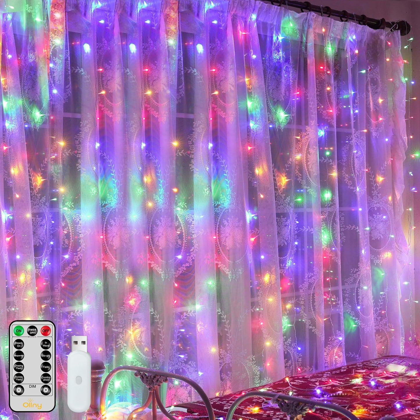 Ollny Curtain Lights 200LED Multicolor Indoor Outdoor USB String Lights with Remote, 6.6x6.6ft Waterproof Timer, Model B07FTB4YXS