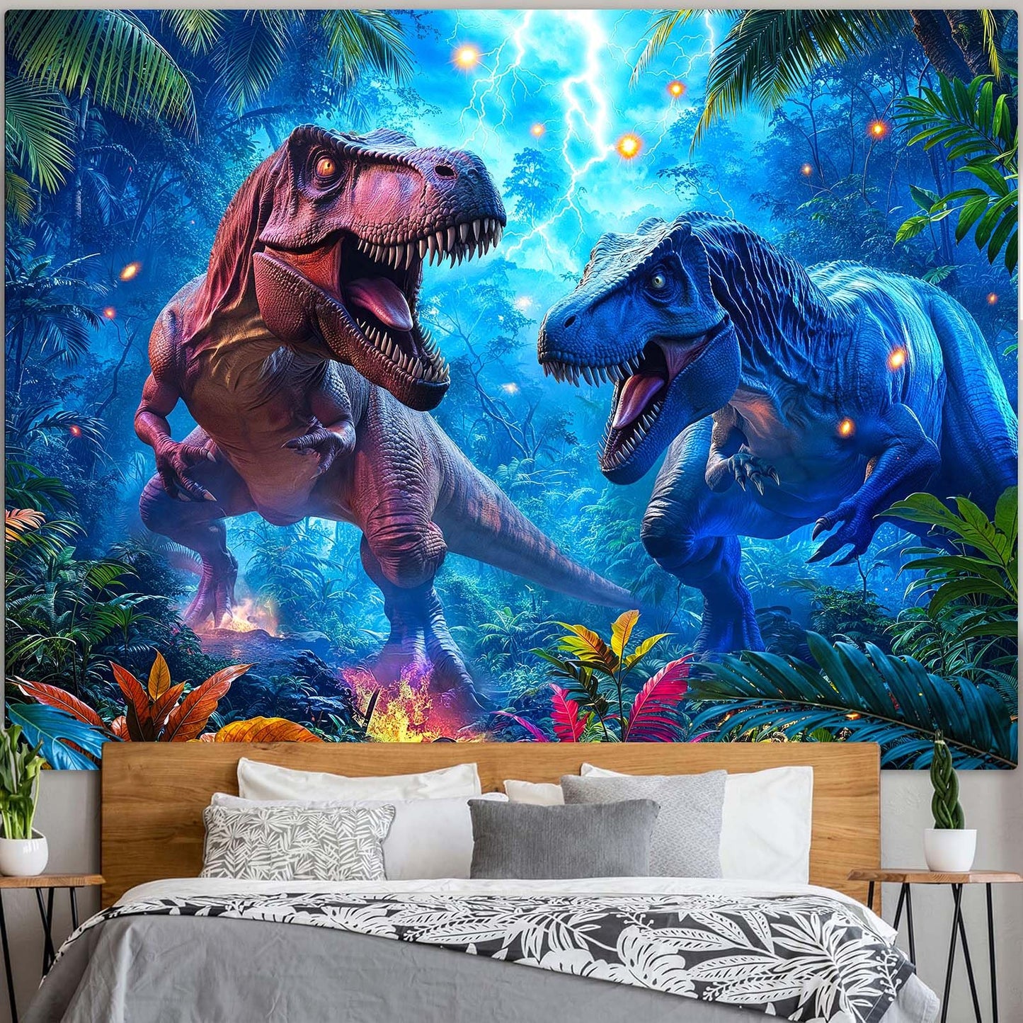 Spenlife Thunder Dinosaur Showdown Wall Tapestry, Fantasy Dino Battle Tapestries for Room Decor, Prehistoric Tapestry 60x44 Inch