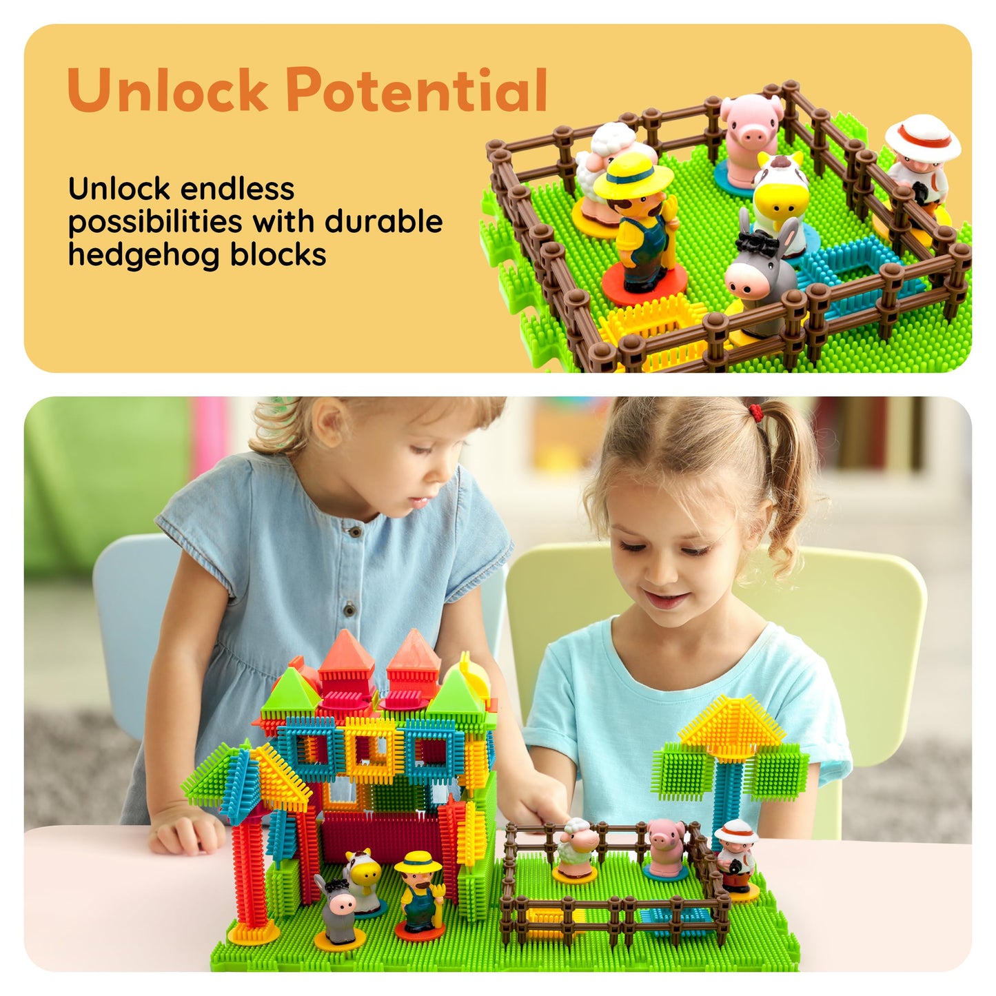PicassoTiles PTB100 100pcs Hedgehog Shape 3D Building Blocks Tiles Farm Theme Set Learning Playset STEM Toy Set Educational Kit Child Branin Development Preschool Kindergarten Toy