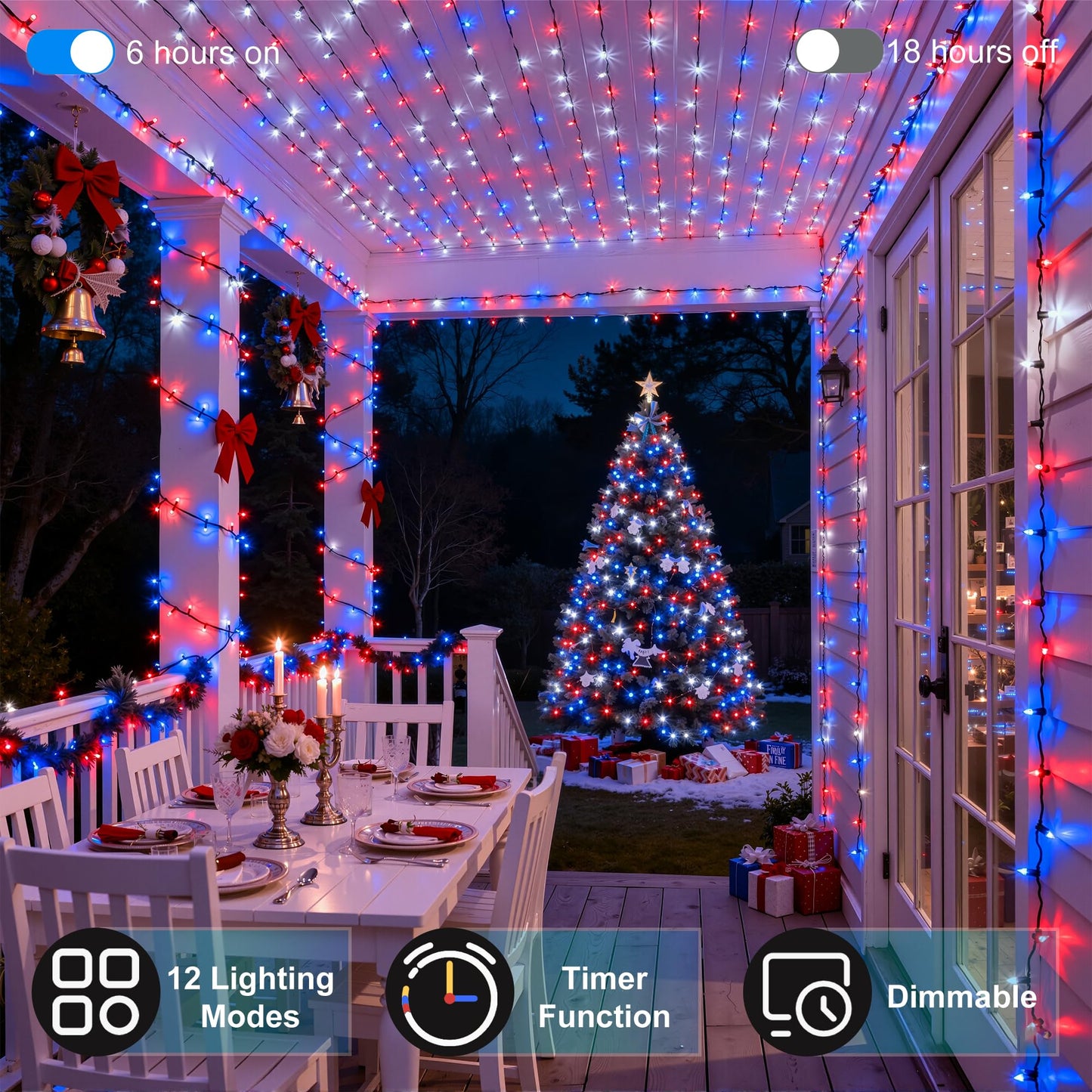 XIKENGSHQ 240FT 750LED Christmas String Lights, Waterproof, 12 Modes, Red Blue White, Green Wire, for Indoor/Outdoor Decor