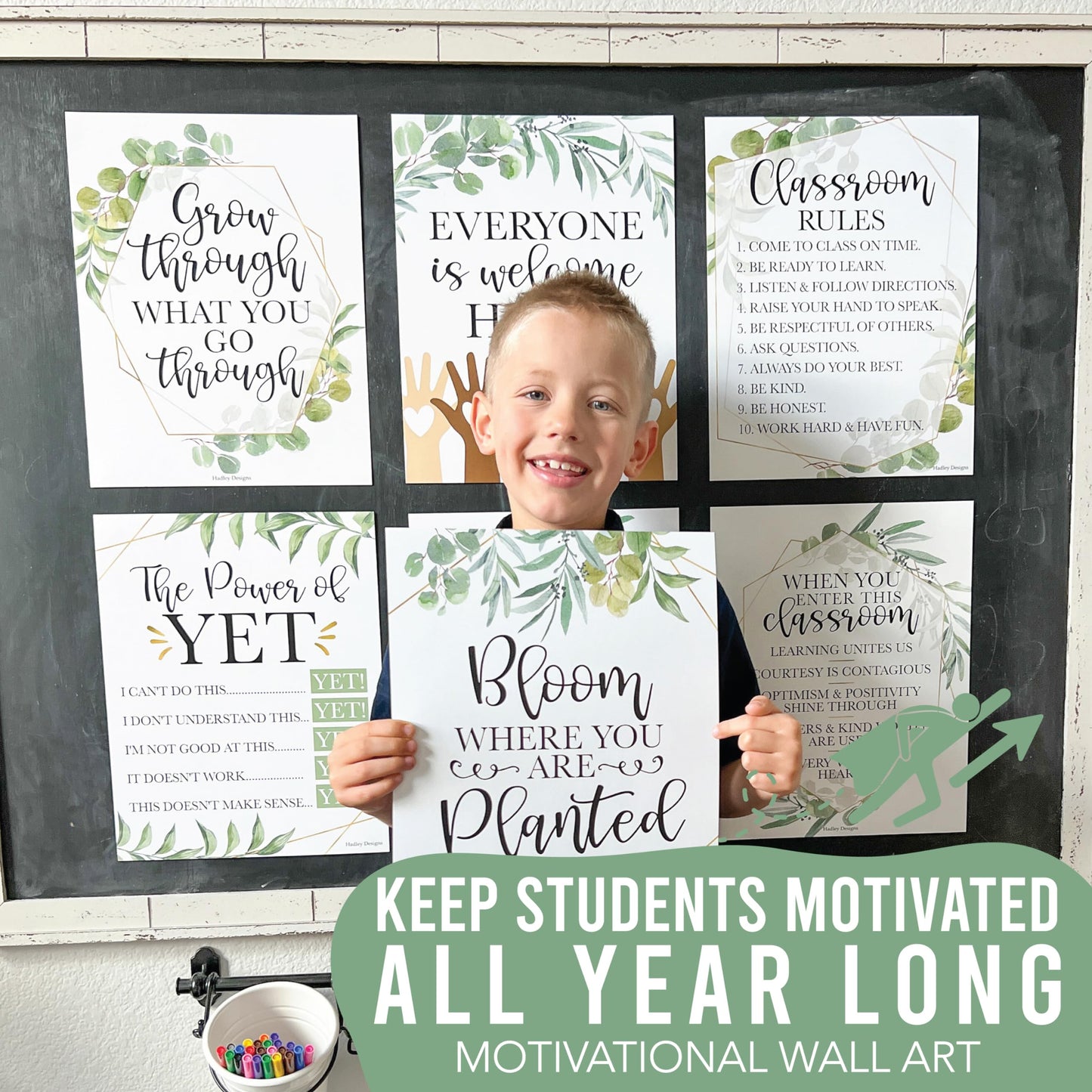 Hadley Designs Motivational Poster for Classroom Decor - 9 Growth Mindset Classroom Posters Elementary, Inspirational Wall Decor Middle School, Teacher Must Haves, Greenery Bulletin Board Decorations