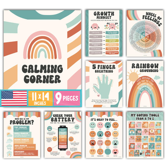Hadley Designs 9 Calming Corner Posters for Classroom Must Haves - Calm Down Corner Supplies with Emotions Chart, School Counselor Mental Health Poster, Feelings Chart For Kids, Retro Classroom Decor